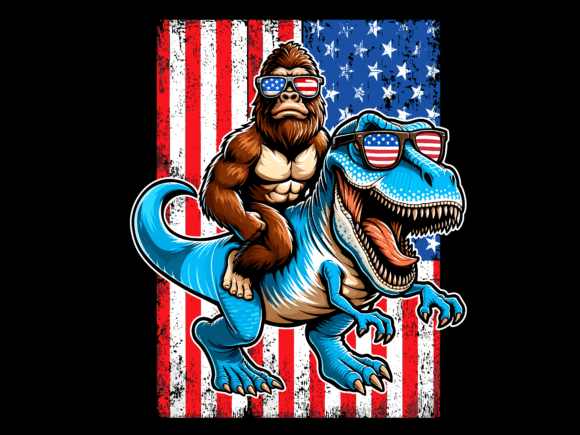 USA Flag Bigfoot Riding T Rex Vector Graphics & T-Shirt Designs