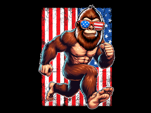 USA Flag Bigfoot Running 4th of July
